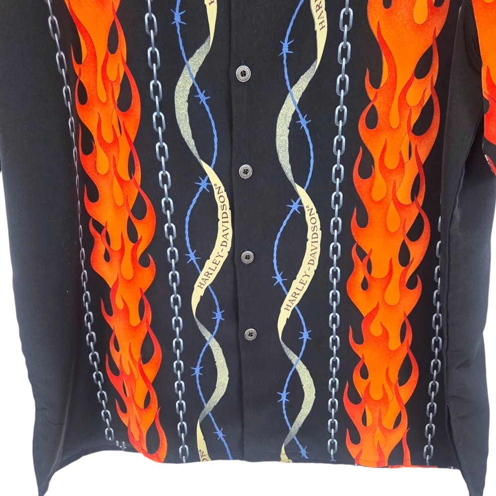 Harley Davidson Y2K Chain Flames Button Down Shirt Mens Large Tori Richard Black - Picture 3 of 9